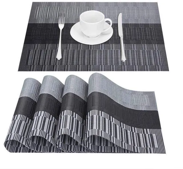 Main image of Placemats Set of 4, Heat-Resistant Woven Vinyl Placemat, Non-Slip Washable PVC Table Mat, Easy to Clean Premium Plastic Mats for Dining, Kitchen Table (Black+Gray)