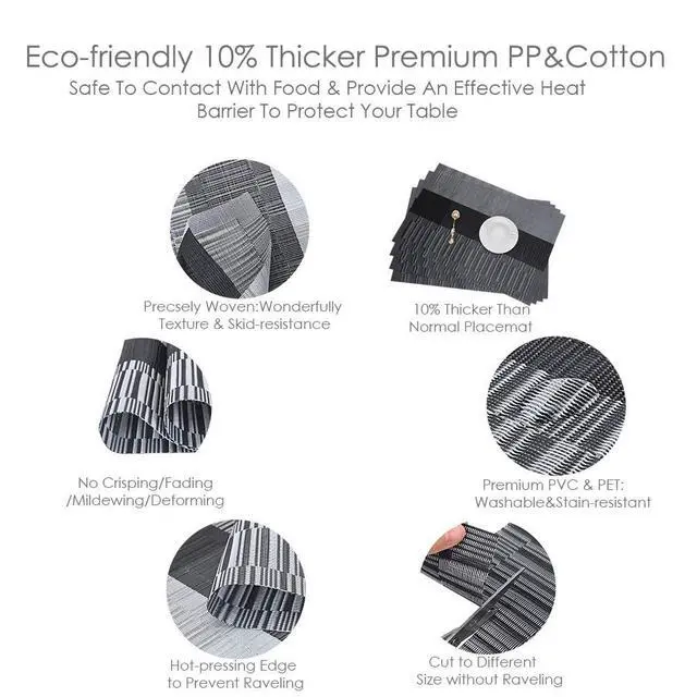 Alt view image 2 of 5 - Placemats Set of 4, Heat-Resistant Woven Vinyl Placemat, Non-Slip Washable PVC Table Mat, Easy to Clean Premium Plastic Mats for Dining, Kitchen Table (Black+Gray)