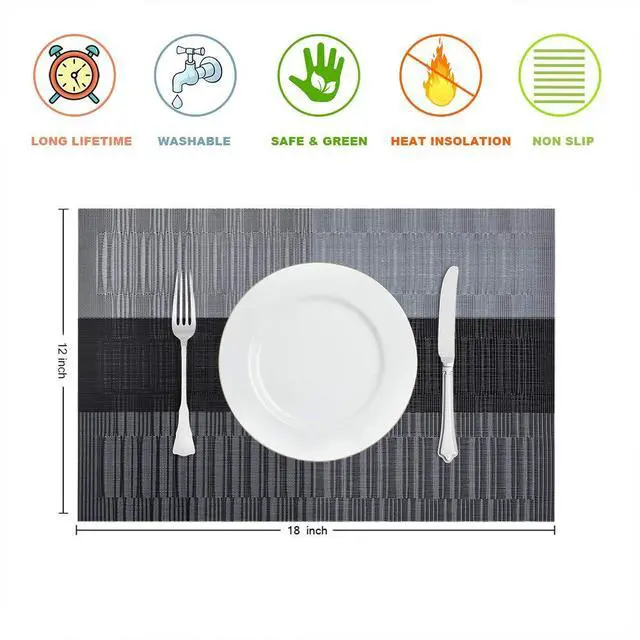 Alt view image 3 of 5 - Placemats Set of 4, Heat-Resistant Woven Vinyl Placemat, Non-Slip Washable PVC Table Mat, Easy to Clean Premium Plastic Mats for Dining, Kitchen Table (Black+Gray)