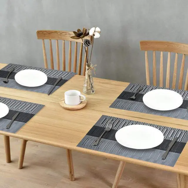 Alt view image 5 of 5 - Placemats Set of 4, Heat-Resistant Woven Vinyl Placemat, Non-Slip Washable PVC Table Mat, Easy to Clean Premium Plastic Mats for Dining, Kitchen Table (Black+Gray)