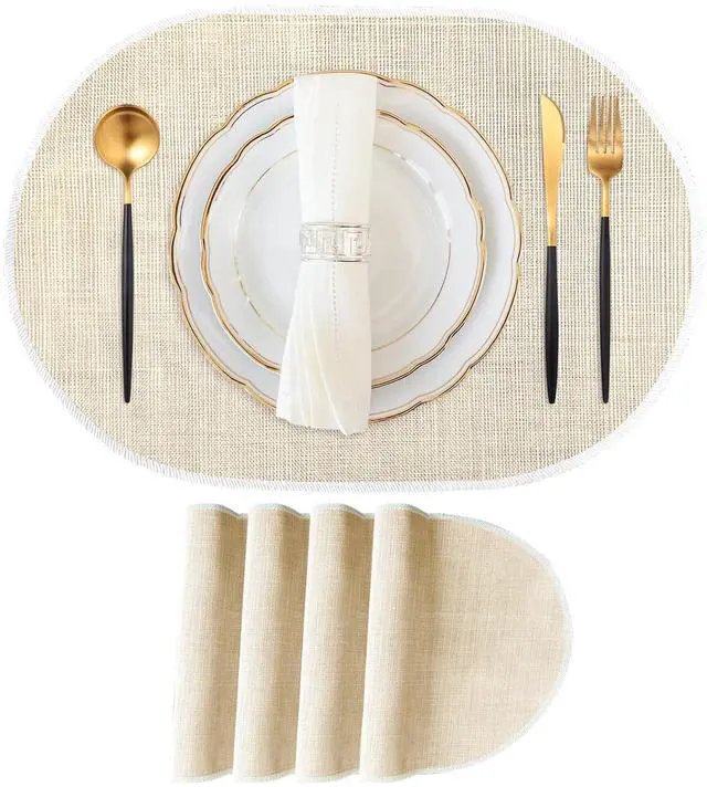 Main image of Beige Placemats Set of 4, 12x18 Inch Oval Washable Place Mats Easy to Clean Heat Resistant Table Mats, Wipeable Place Mats for Kitchen, Dining RoomBeige, 4