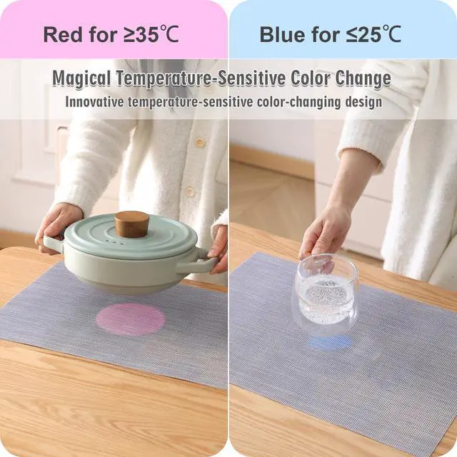 Alt view image 4 of 7 - Placemats, Temperature-Color-Changing Kitchen Table Mat | Eco-friendly nano material changes from blue at 25°C to red at 35°C; self-cleaning and easy to wipe.