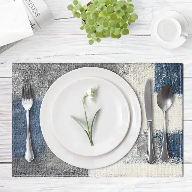 Alt view image 4 of 7 - Farmhouse Placemats Set of 4, 12x18 Inch, Abstract Blue Grey | Abstract Vintage Art Painting Table Mats for Outdoor Home Party Kitchen Dining Decoration
