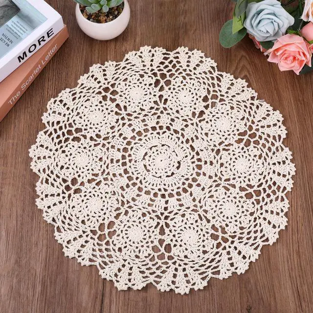 Main image of Dollies for Tables, 15.7 Inch Large Cotton Handmade Table Doilies Vintage Round Crochet Doilies Lace Placemats Knitted Tablecloth for Home Kitchen Dining Room Wedding Party Decoration (Beige)