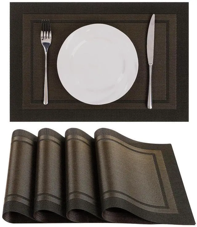 Main image of Woven Vinyl Placemats Set of 4 Wipe Clean Place Mats for Dining Table Heat Resistant PVC Weave Table Mats Indoor Outdoor (4, Frame Black Gold)