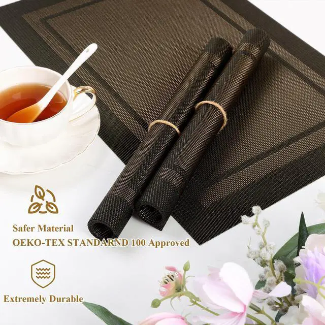 Alt view image 3 of 7 - Woven Vinyl Placemats Set of 4 Wipe Clean Place Mats for Dining Table Heat Resistant PVC Weave Table Mats Indoor Outdoor (4, Frame Black Gold)