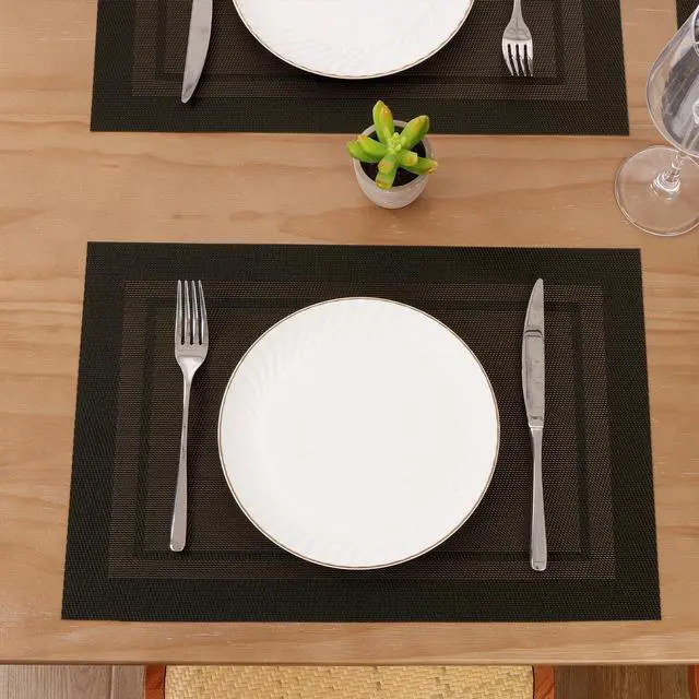 Alt view image 5 of 7 - Woven Vinyl Placemats Set of 4 Wipe Clean Place Mats for Dining Table Heat Resistant PVC Weave Table Mats Indoor Outdoor (4, Frame Black Gold)