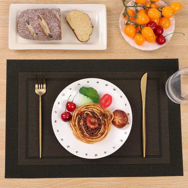Alt view image 4 of 7 - Woven Vinyl Placemats Set of 4 Wipe Clean Place Mats for Dining Table Heat Resistant PVC Weave Table Mats Indoor Outdoor (4, Frame Black Gold)