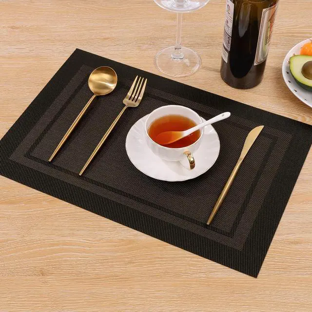 Alt view image 7 of 7 - Woven Vinyl Placemats Set of 4 Wipe Clean Place Mats for Dining Table Heat Resistant PVC Weave Table Mats Indoor Outdoor (4, Frame Black Gold)
