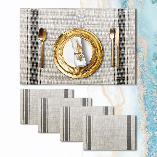 Main image of Placemats Set of 4 Vinyl Washable Gray Placemats, 18"x12" Wipeable Heat-Resistant Non-Slip Easy Clean Table Mats Ideal for Dining Table Table Runner and Outdoor(4, Grey Wide Stripe)