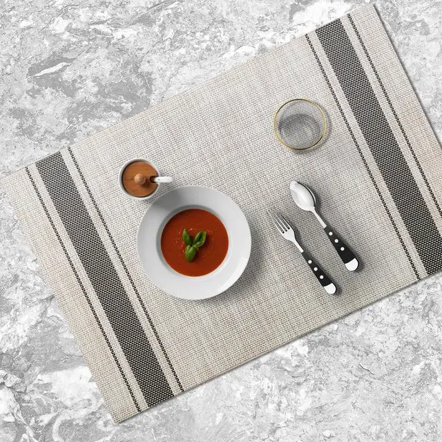 Alt view image 3 of 6 - Placemats Set of 4 Vinyl Washable Gray Placemats, 18"x12" Wipeable Heat-Resistant Non-Slip Easy Clean Table Mats Ideal for Dining Table Table Runner and Outdoor(4, Grey Wide Stripe)