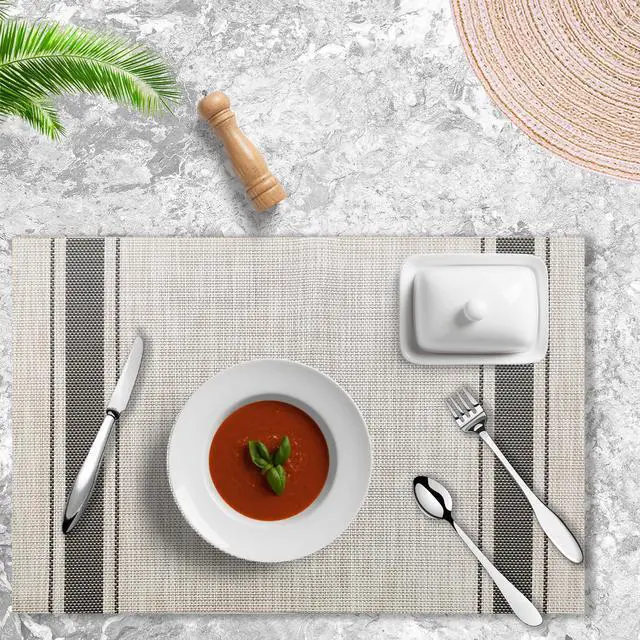 Alt view image 5 of 6 - Placemats Set of 4 Vinyl Washable Gray Placemats, 18"x12" Wipeable Heat-Resistant Non-Slip Easy Clean Table Mats Ideal for Dining Table Table Runner and Outdoor(4, Grey Wide Stripe)