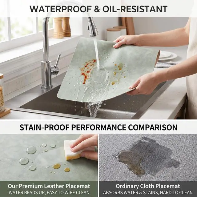 Alt view image 3 of 7 - Set of 6 Leather Placemats-12 X 17" Wipeable Placemats Waterproof Heat Resistant Place Mats Vinyl Reversible Table Mats for Kitchen, Dining, Outdoor(Beige)