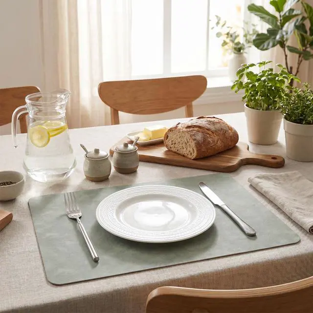 Alt view image 4 of 7 - Set of 6 Leather Placemats-12 X 17" Wipeable Placemats Waterproof Heat Resistant Place Mats Vinyl Reversible Table Mats for Kitchen, Dining, Outdoor(Beige)