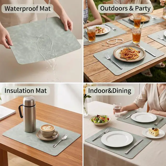 Alt view image 5 of 7 - Set of 6 Leather Placemats-12 X 17" Wipeable Placemats Waterproof Heat Resistant Place Mats Vinyl Reversible Table Mats for Kitchen, Dining, Outdoor(Beige)