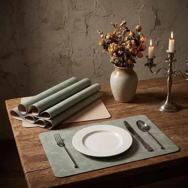 Alt view image 7 of 7 - Set of 6 Leather Placemats-12 X 17" Wipeable Placemats Waterproof Heat Resistant Place Mats Vinyl Reversible Table Mats for Kitchen, Dining, Outdoor(Beige)