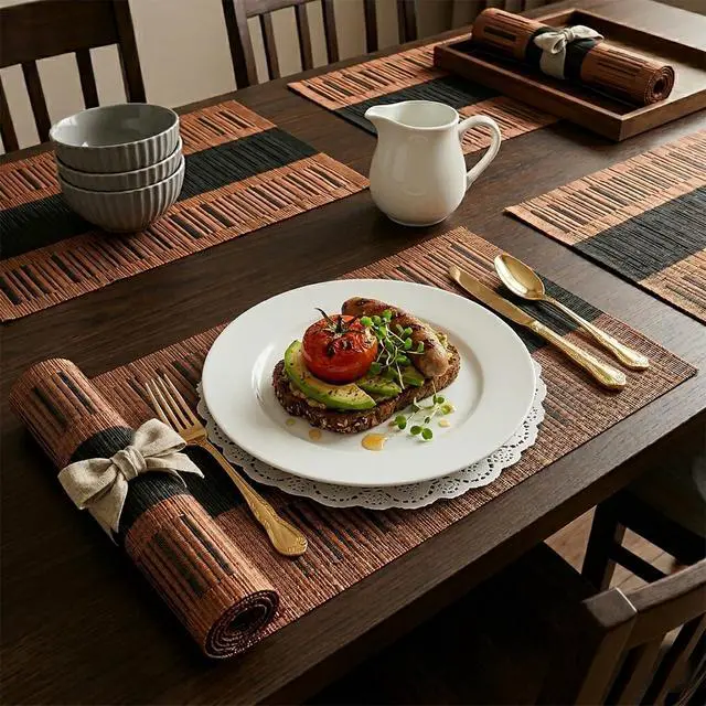 Alt view image 4 of 7 - Bamboo Basket Woven Placemats Set of 4 Anti-Slip Table Mat | Attractive,Easy-to-Clean,Woven, Non-Slip, Vinyl Material,Table Mat, Indoor/Outdoor Dining Table Decoration(4, Brown Black)