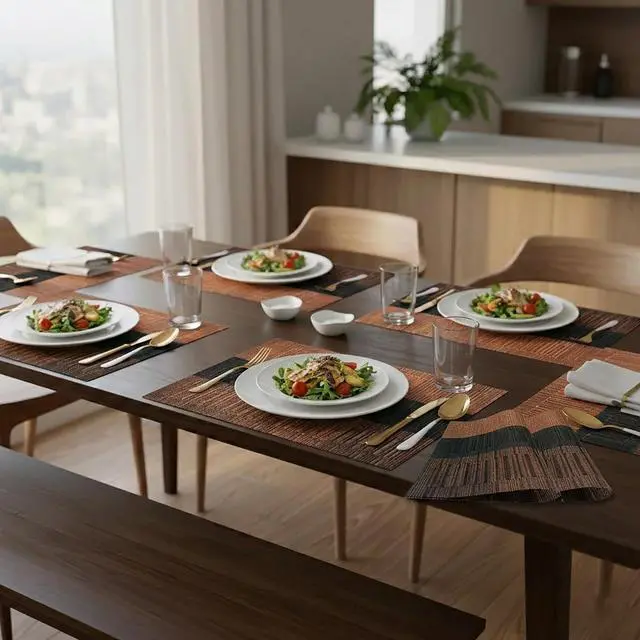 Alt view image 5 of 7 - Bamboo Basket Woven Placemats Set of 4 Anti-Slip Table Mat | Attractive,Easy-to-Clean,Woven, Non-Slip, Vinyl Material,Table Mat, Indoor/Outdoor Dining Table Decoration(4, Brown Black)