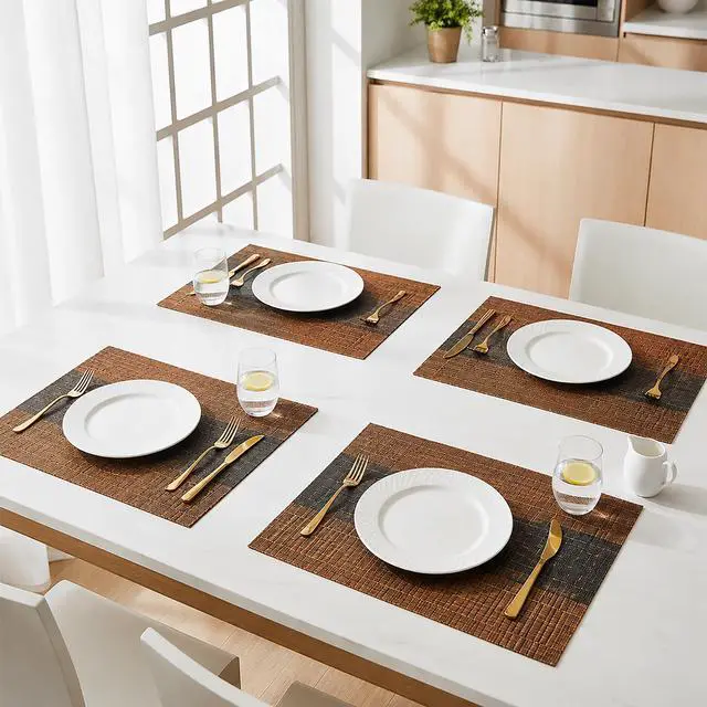 Alt view image 6 of 7 - Bamboo Basket Woven Placemats Set of 4 Anti-Slip Table Mat | Attractive,Easy-to-Clean,Woven, Non-Slip, Vinyl Material,Table Mat, Indoor/Outdoor Dining Table Decoration(4, Brown Black)