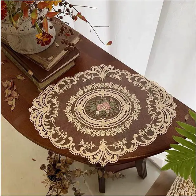 Alt view image 2 of 5 - 2Pack Retro Lace Placemats, French Crochet Doilies, Handmade Embroidered Table Mats, 12x16-in Beige Place Mats Cup Mat