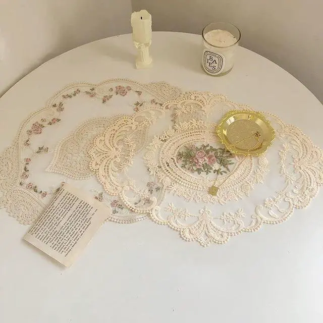 Alt view image 5 of 5 - 2Pack Retro Lace Placemats, French Crochet Doilies, Handmade Embroidered Table Mats, 12x16-in Beige Place Mats Cup Mat