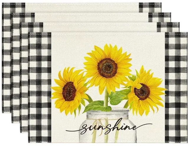 Main image of Buffalo Plaid Sunflower Sunshine Vase Summer Placemats Set of 4, 12x18 Inch Spring Table Mats for Party Kitchen Dining Decoration