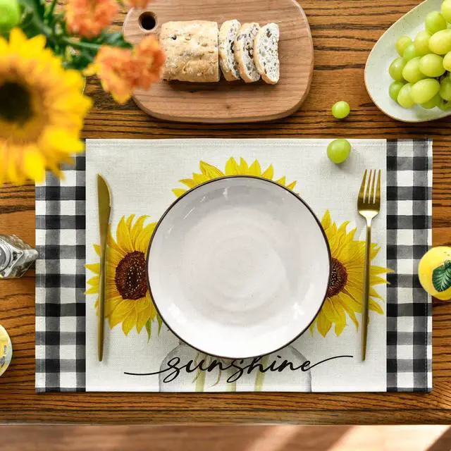 Alt view image 2 of 7 - Buffalo Plaid Sunflower Sunshine Vase Summer Placemats Set of 4, 12x18 Inch Spring Table Mats for Party Kitchen Dining Decoration