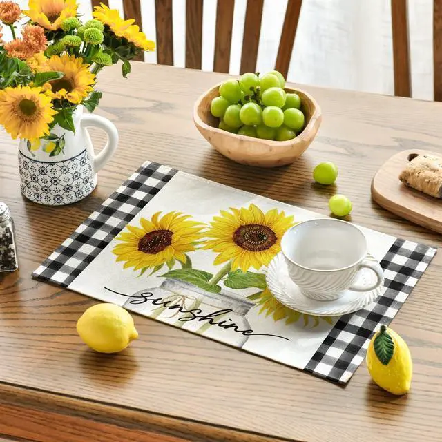 Alt view image 3 of 7 - Buffalo Plaid Sunflower Sunshine Vase Summer Placemats Set of 4, 12x18 Inch Spring Table Mats for Party Kitchen Dining Decoration