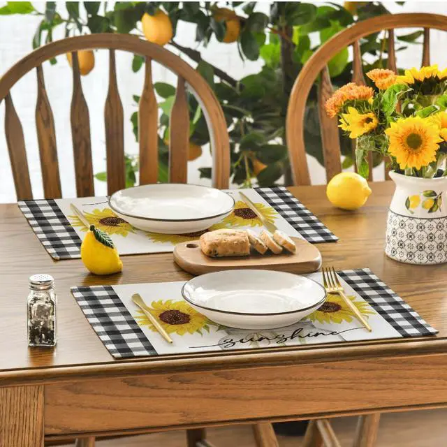 Alt view image 4 of 7 - Buffalo Plaid Sunflower Sunshine Vase Summer Placemats Set of 4, 12x18 Inch Spring Table Mats for Party Kitchen Dining Decoration