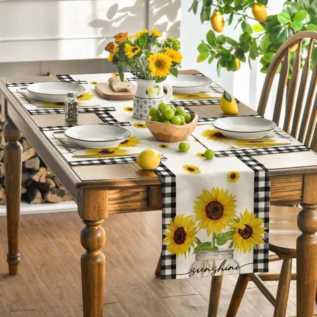 Alt view image 5 of 7 - Buffalo Plaid Sunflower Sunshine Vase Summer Placemats Set of 4, 12x18 Inch Spring Table Mats for Party Kitchen Dining Decoration