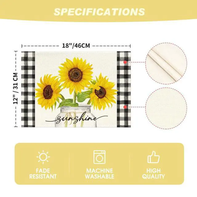 Alt view image 6 of 7 - Buffalo Plaid Sunflower Sunshine Vase Summer Placemats Set of 4, 12x18 Inch Spring Table Mats for Party Kitchen Dining Decoration