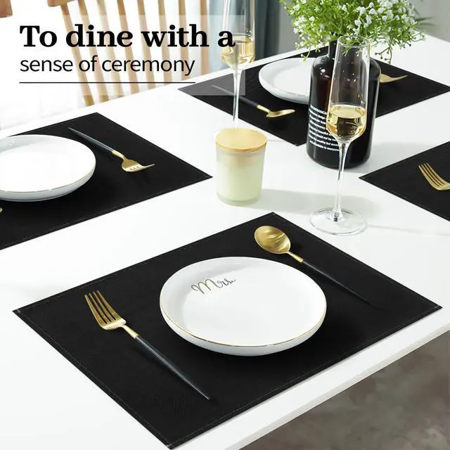 Alt view image 4 of 7 - Black Placemats Set of 4, 12x18 Inch Faux Linen Table Mats | Heat Resistant and Washable Design, Easy to Clean Surface for Dining Rooms, Kitchens, Outdoor Parties and Everyday Home Decor