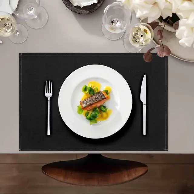 Alt view image 5 of 7 - Black Placemats Set of 4, 12x18 Inch Faux Linen Table Mats | Heat Resistant and Washable Design, Easy to Clean Surface for Dining Rooms, Kitchens, Outdoor Parties and Everyday Home Decor