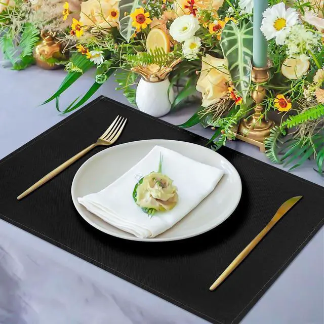 Alt view image 6 of 7 - Black Placemats Set of 4, 12x18 Inch Faux Linen Table Mats | Heat Resistant and Washable Design, Easy to Clean Surface for Dining Rooms, Kitchens, Outdoor Parties and Everyday Home Decor