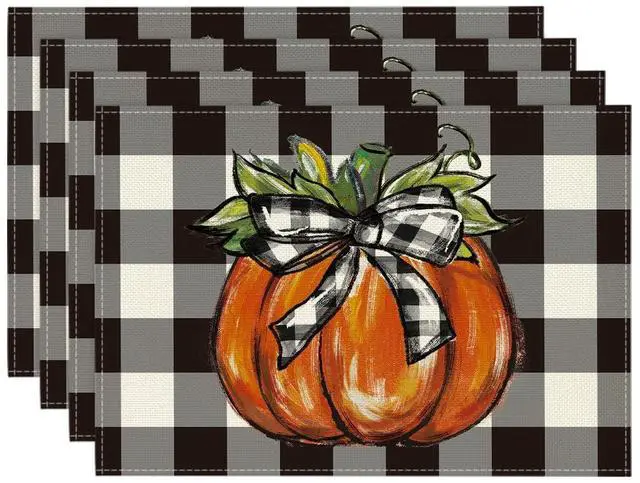 Main image of Buffalo Plaid Pumpkin Fall Placemats Set of 4, 12x18 Inch Seasonal Autumn Table Mats for Party Kitchen Dining Decoration | Heat-Resistant Table Mats,
