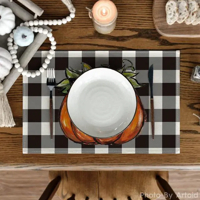 Alt view image 2 of 6 - Buffalo Plaid Pumpkin Fall Placemats Set of 4, 12x18 Inch Seasonal Autumn Table Mats for Party Kitchen Dining Decoration | Heat-Resistant Table Mats,