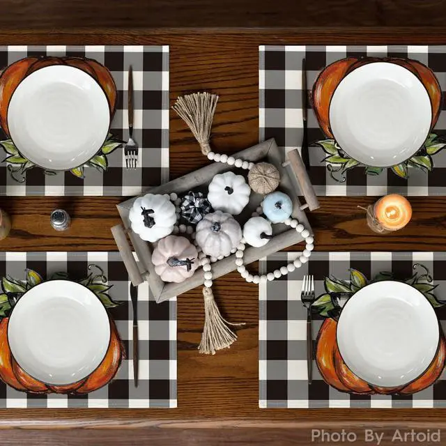 Alt view image 3 of 6 - Buffalo Plaid Pumpkin Fall Placemats Set of 4, 12x18 Inch Seasonal Autumn Table Mats for Party Kitchen Dining Decoration | Heat-Resistant Table Mats,