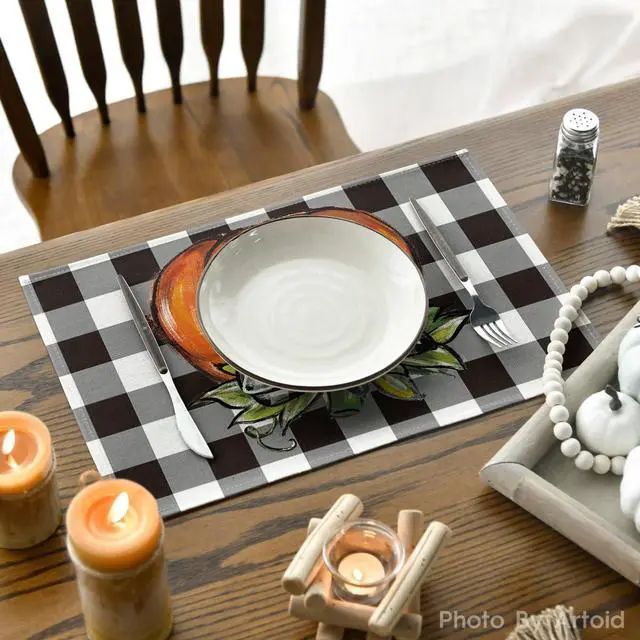 Alt view image 4 of 6 - Buffalo Plaid Pumpkin Fall Placemats Set of 4, 12x18 Inch Seasonal Autumn Table Mats for Party Kitchen Dining Decoration | Heat-Resistant Table Mats,