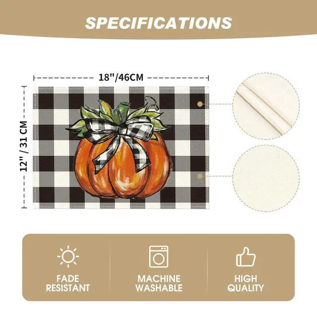 Alt view image 5 of 6 - Buffalo Plaid Pumpkin Fall Placemats Set of 4, 12x18 Inch Seasonal Autumn Table Mats for Party Kitchen Dining Decoration | Heat-Resistant Table Mats,
