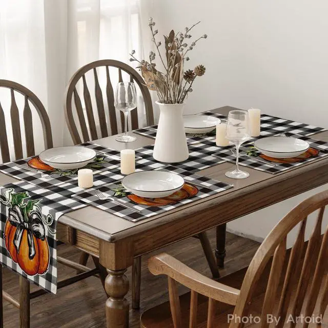 Alt view image 6 of 6 - Buffalo Plaid Pumpkin Fall Placemats Set of 4, 12x18 Inch Seasonal Autumn Table Mats for Party Kitchen Dining Decoration | Heat-Resistant Table Mats,