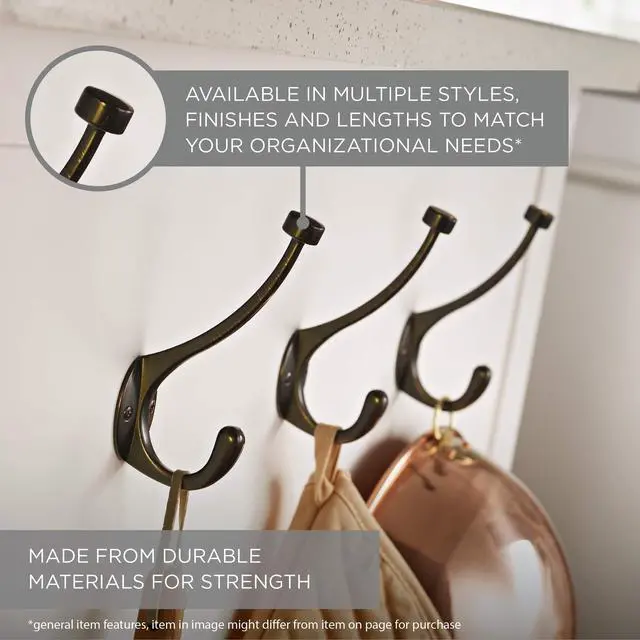 Alt view image 4 of 6 - Heavy Duty (1-Pack) Coat and Hat Wall Hooks Double Hooks for Mounted Hanging Matte Nickel Wall Mount Hanger Backpack, Purse, Bag, Towel Organization Decorative Wall Hooks B59303G-SN-C