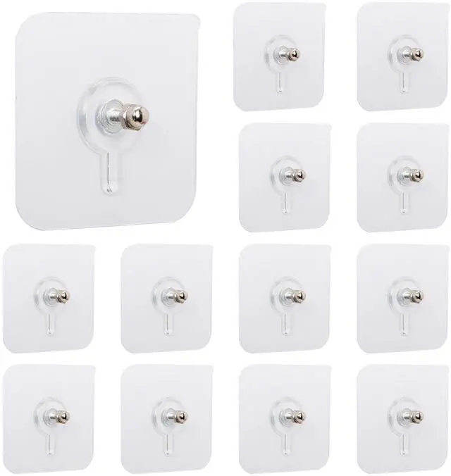 Main image of 14 Pcs Transparent Adhesive Wall Hooks for Pictures, Kitchen & Bathroom | No-Drill Hanging Hooks for Photos, Towels, Keys & Small Accessories in Homes, Offices, Dorms and Rental Spaces