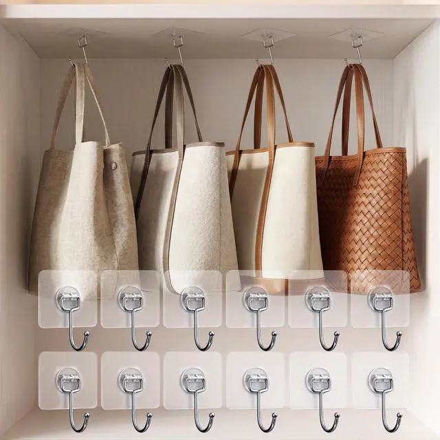 Main image of 12 Pcs Large Adhesive Hooks for Hanging, Heavy Duty Adhesive Closet Purse Hook, Removable, Waterproof Hook for Bedroom Kitchen Bathroom