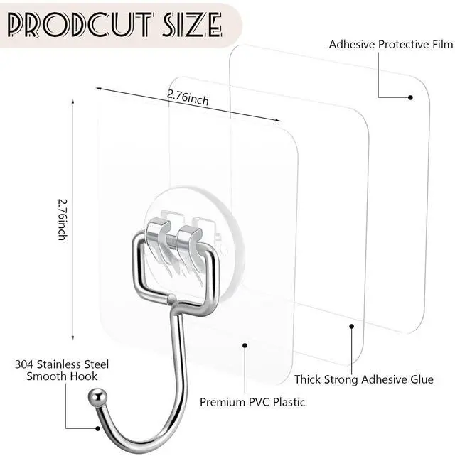 Alt view image 2 of 6 - 12 Pcs Large Adhesive Hooks for Hanging, Heavy Duty Adhesive Closet Purse Hook, Removable, Waterproof Hook for Bedroom Kitchen Bathroom