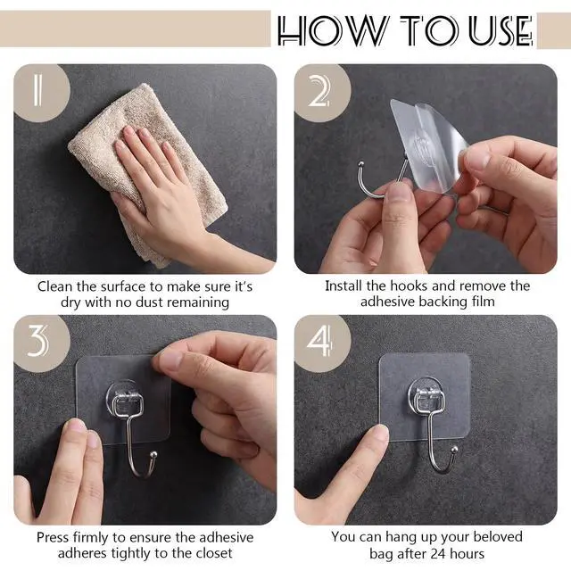 Alt view image 3 of 6 - 12 Pcs Large Adhesive Hooks for Hanging, Heavy Duty Adhesive Closet Purse Hook, Removable, Waterproof Hook for Bedroom Kitchen Bathroom