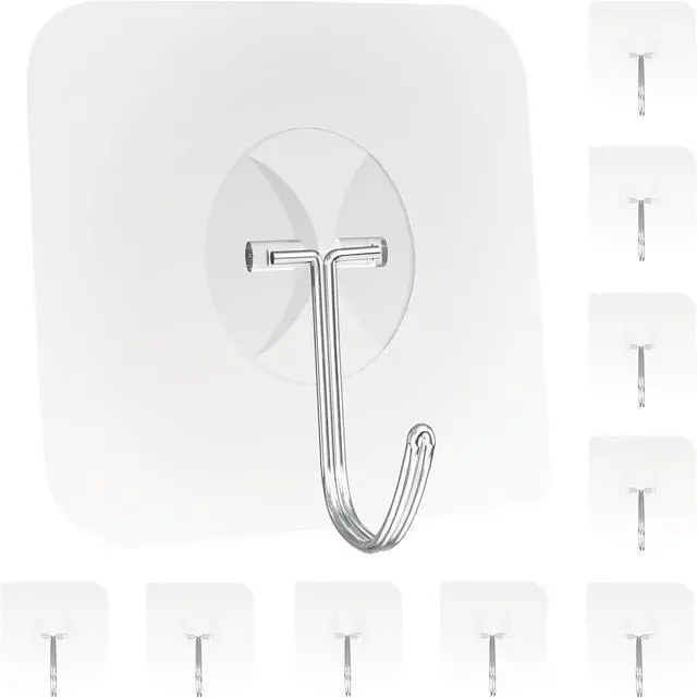 Main image of Adhesive Wall Hooks for Hanging Heavy Duty Towel Coat Hooks | Waterproof Transparent Hook for Bathroom Shower Kitchen Keys Door Outdoor Home Improvement Utility Hook 10 Pack