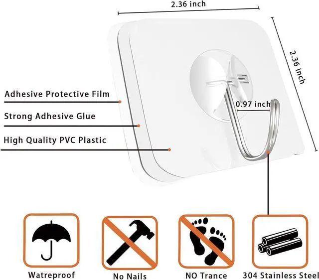 Alt view image 5 of 7 - Adhesive Wall Hooks for Hanging Heavy Duty Towel Coat Hooks | Waterproof Transparent Hook for Bathroom Shower Kitchen Keys Door Outdoor Home Improvement Utility Hook 10 Pack