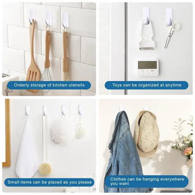 Alt view image 3 of 7 - Damage Free Hanging Wall Hooks, 20 Medium Hooks with 20 Adhesive Strips, Holds up to 2 lb, Removable No Damage Utility Hooks for Hanging, Organization and Storage,Decorations in Living Spaces