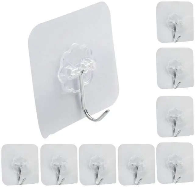 Main image of Adhesive Wall Hooks, 10 Pack Transparent and Silver | Plastic Hooks, Strong Hold for Towels, Keys, and Utensils, No Drill Damage-Free Installation, For Bathroom and Kitchen