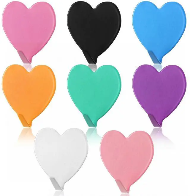 Main image of 8 PCS Heart Shaped Decorative Cute Wall Hooks Adhesive 6 Colors | Small Stainless Steel Wall Hook Kawaii Decor, Purse Hanger for Girls Dormitory Home Kitchen Bathroom Office Pink Blue White